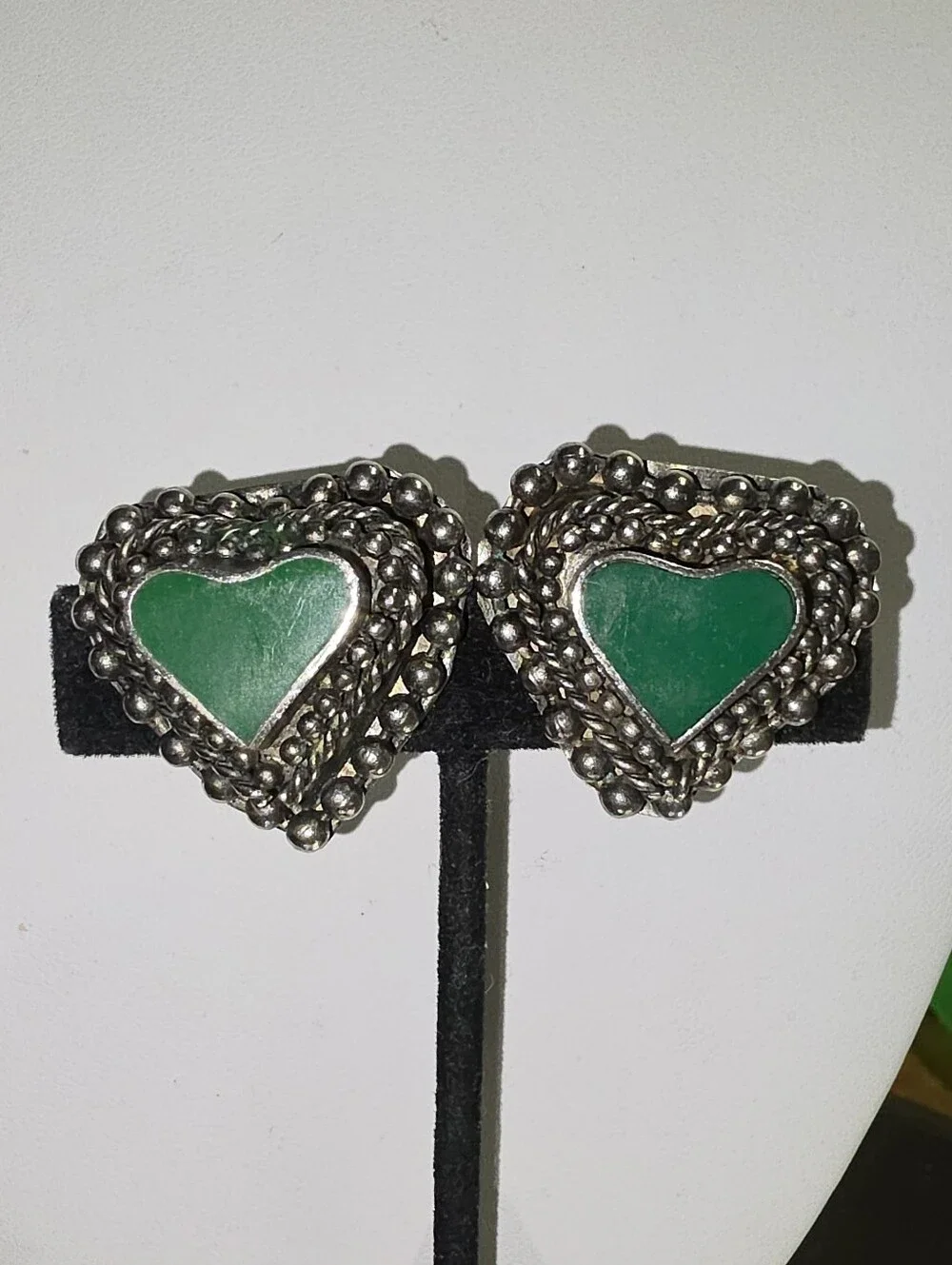 Vintage Oxidized Silver-Tone Heart Clip-On Earrings with Green Resin Center